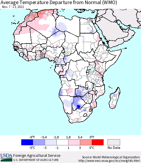 Africa Average Temperature Departure from Normal (WMO) Thematic Map For 11/7/2022 - 11/13/2022