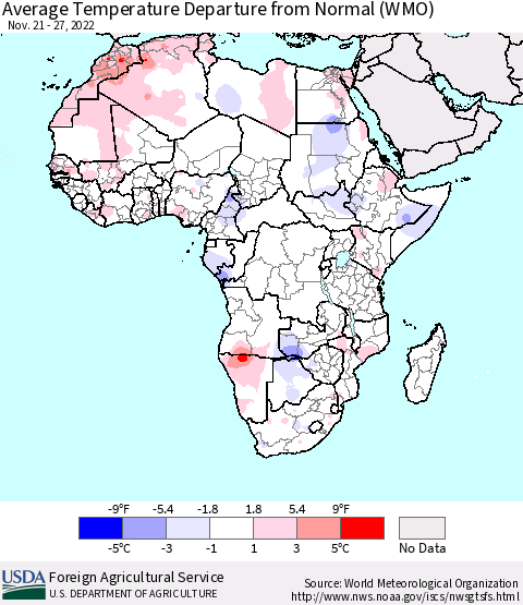 Africa Average Temperature Departure from Normal (WMO) Thematic Map For 11/21/2022 - 11/27/2022