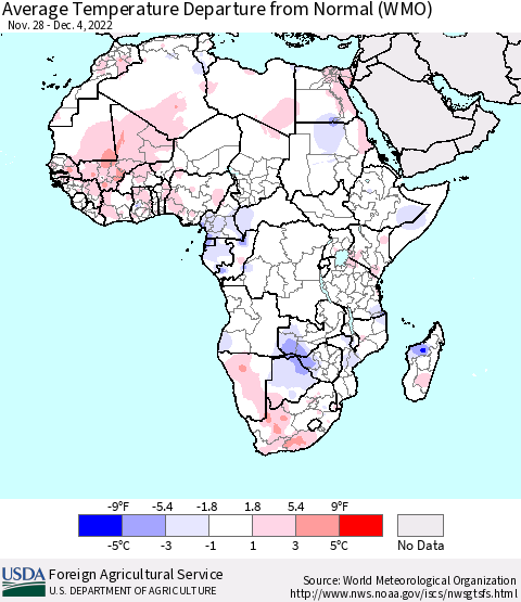 Africa Average Temperature Departure from Normal (WMO) Thematic Map For 11/28/2022 - 12/4/2022