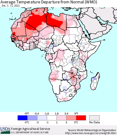 Africa Average Temperature Departure from Normal (WMO) Thematic Map For 12/5/2022 - 12/11/2022