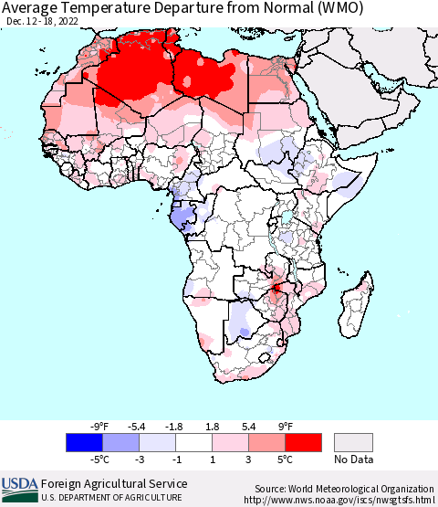 Africa Average Temperature Departure from Normal (WMO) Thematic Map For 12/12/2022 - 12/18/2022
