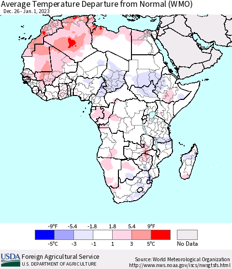 Africa Average Temperature Departure from Normal (WMO) Thematic Map For 12/26/2022 - 1/1/2023