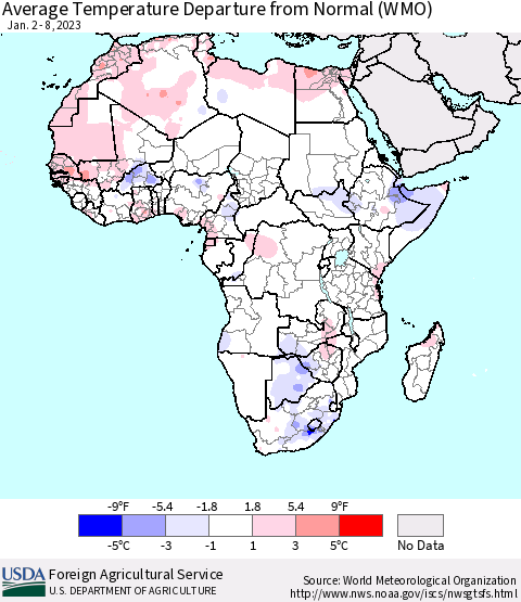 Africa Average Temperature Departure from Normal (WMO) Thematic Map For 1/2/2023 - 1/8/2023