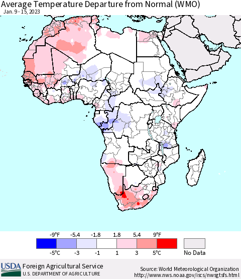 Africa Average Temperature Departure from Normal (WMO) Thematic Map For 1/9/2023 - 1/15/2023