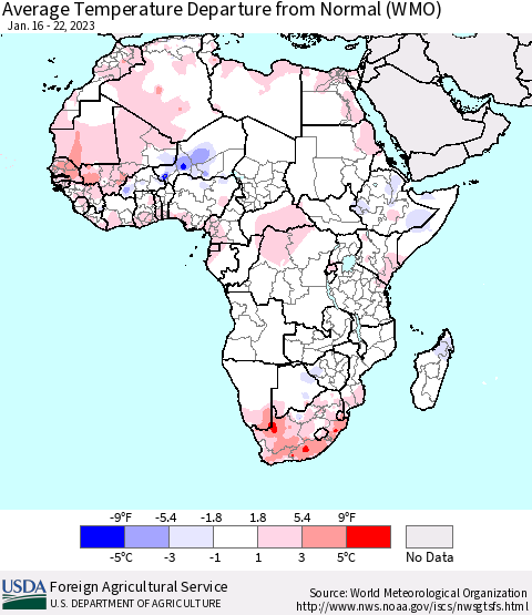 Africa Average Temperature Departure from Normal (WMO) Thematic Map For 1/16/2023 - 1/22/2023