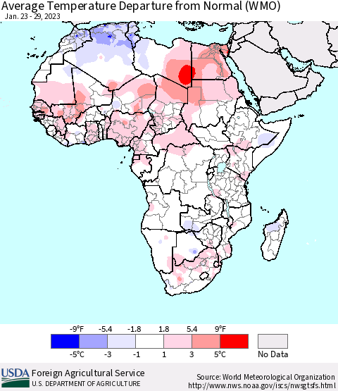 Africa Average Temperature Departure from Normal (WMO) Thematic Map For 1/23/2023 - 1/29/2023