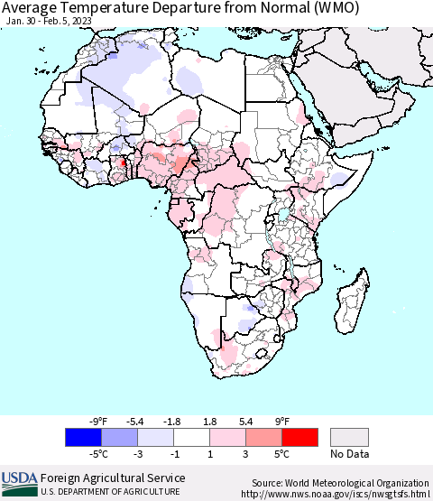 Africa Average Temperature Departure from Normal (WMO) Thematic Map For 1/30/2023 - 2/5/2023