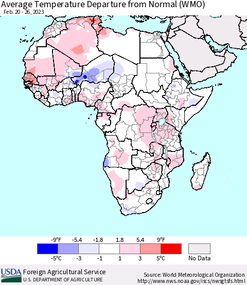 Africa Average Temperature Departure from Normal (WMO) Thematic Map For 2/20/2023 - 2/26/2023