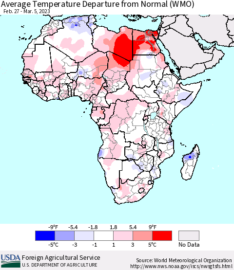 Africa Average Temperature Departure from Normal (WMO) Thematic Map For 2/27/2023 - 3/5/2023