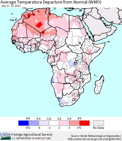 Africa Average Temperature Departure from Normal (WMO) Thematic Map For 3/6/2023 - 3/12/2023