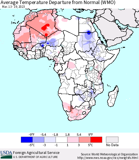 Africa Average Temperature Departure from Normal (WMO) Thematic Map For 3/13/2023 - 3/19/2023