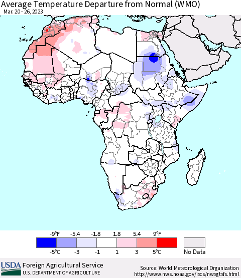 Africa Average Temperature Departure from Normal (WMO) Thematic Map For 3/20/2023 - 3/26/2023