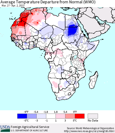 Africa Average Temperature Departure from Normal (WMO) Thematic Map For 3/27/2023 - 4/2/2023