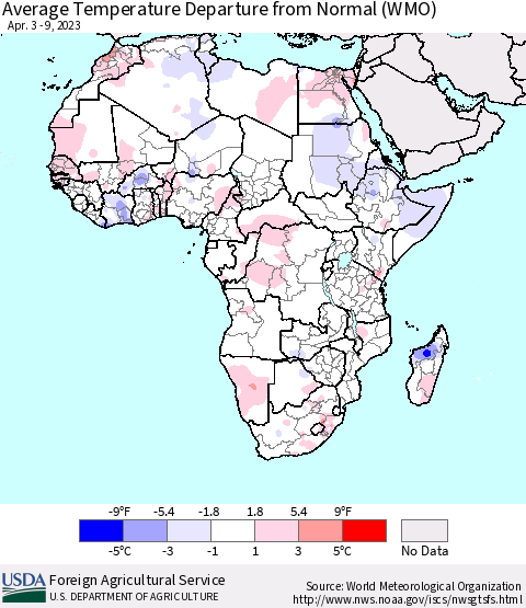 Africa Average Temperature Departure from Normal (WMO) Thematic Map For 4/3/2023 - 4/9/2023