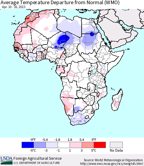 Africa Average Temperature Departure from Normal (WMO) Thematic Map For 4/10/2023 - 4/16/2023