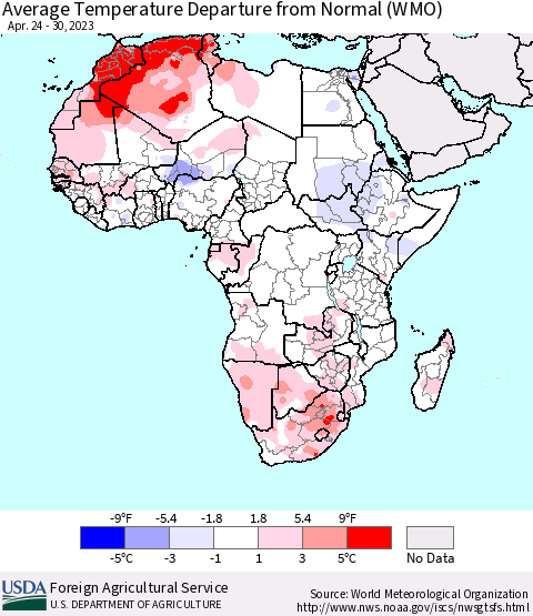 Africa Average Temperature Departure from Normal (WMO) Thematic Map For 4/24/2023 - 4/30/2023