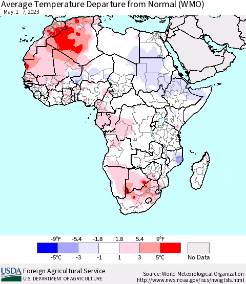 Africa Average Temperature Departure from Normal (WMO) Thematic Map For 5/1/2023 - 5/7/2023