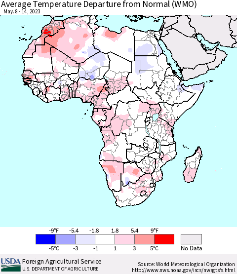 Africa Average Temperature Departure from Normal (WMO) Thematic Map For 5/8/2023 - 5/14/2023