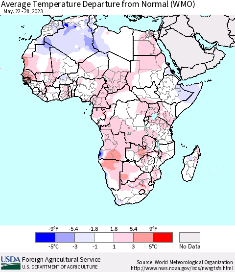 Africa Average Temperature Departure from Normal (WMO) Thematic Map For 5/22/2023 - 5/28/2023