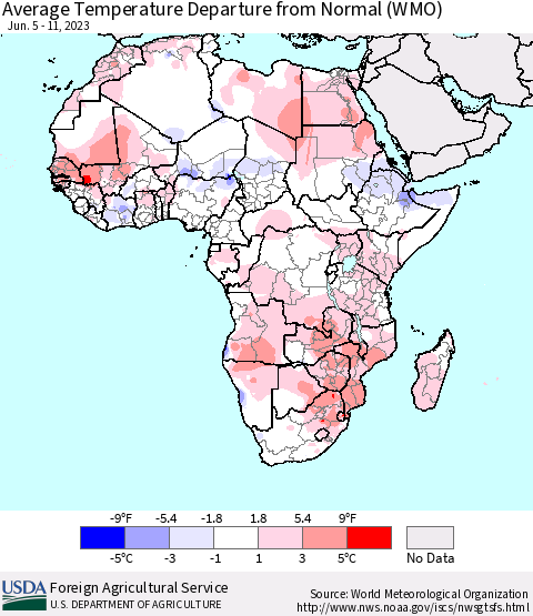 Africa Average Temperature Departure from Normal (WMO) Thematic Map For 6/5/2023 - 6/11/2023