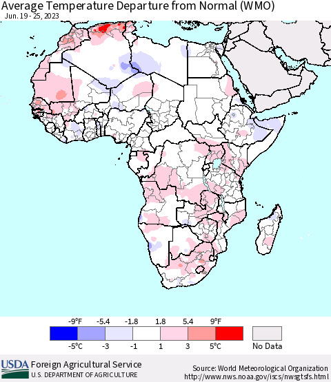 Africa Average Temperature Departure from Normal (WMO) Thematic Map For 6/19/2023 - 6/25/2023