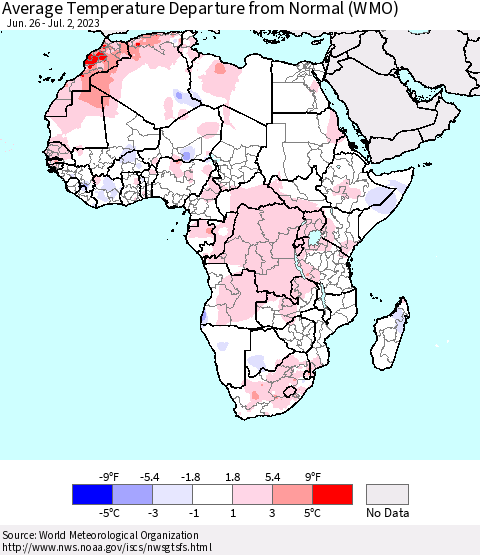 Africa Average Temperature Departure from Normal (WMO) Thematic Map For 6/26/2023 - 7/2/2023