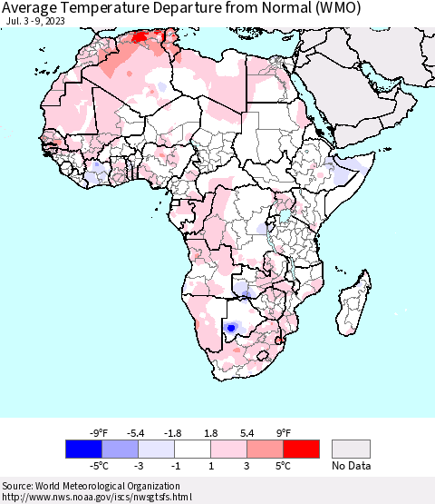 Africa Average Temperature Departure from Normal (WMO) Thematic Map For 7/3/2023 - 7/9/2023