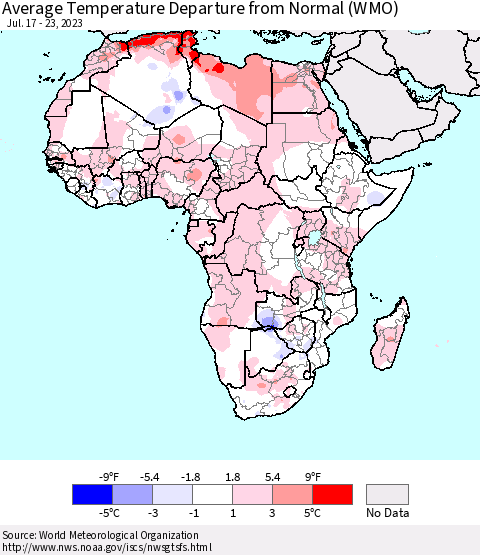 Africa Average Temperature Departure from Normal (WMO) Thematic Map For 7/17/2023 - 7/23/2023