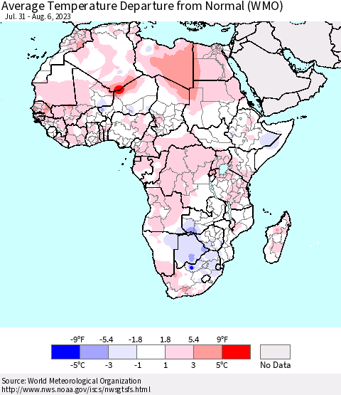Africa Average Temperature Departure from Normal (WMO) Thematic Map For 7/31/2023 - 8/6/2023