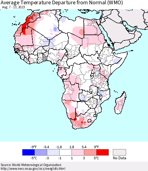 Africa Average Temperature Departure from Normal (WMO) Thematic Map For 8/7/2023 - 8/13/2023