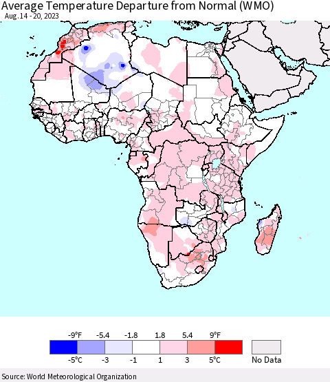 Africa Average Temperature Departure from Normal (WMO) Thematic Map For 8/14/2023 - 8/20/2023
