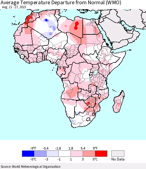 Africa Average Temperature Departure from Normal (WMO) Thematic Map For 8/21/2023 - 8/27/2023
