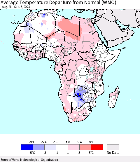 Africa Average Temperature Departure from Normal (WMO) Thematic Map For 8/28/2023 - 9/3/2023
