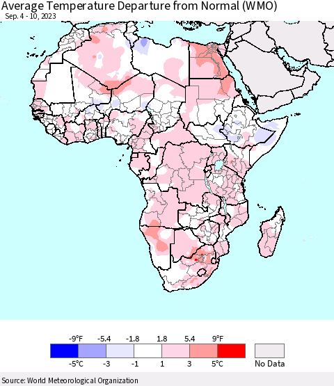 Africa Average Temperature Departure from Normal (WMO) Thematic Map For 9/4/2023 - 9/10/2023