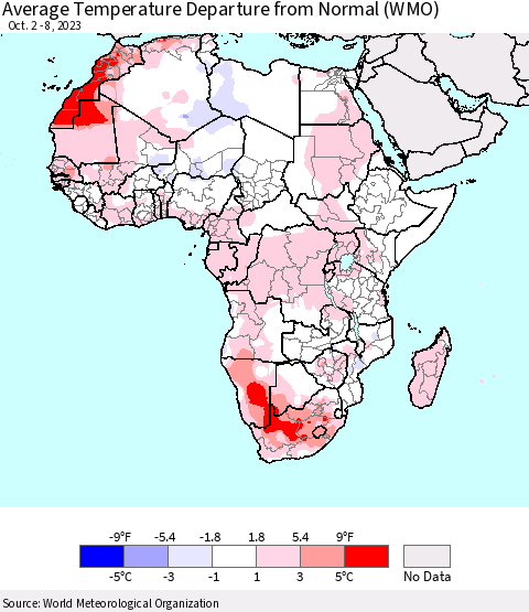 Africa Average Temperature Departure from Normal (WMO) Thematic Map For 10/2/2023 - 10/8/2023