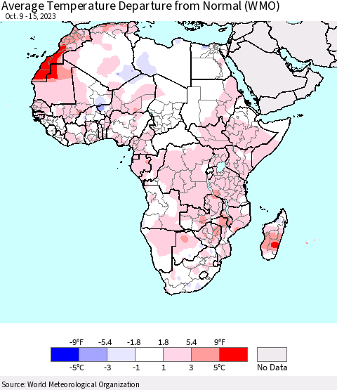 Africa Average Temperature Departure from Normal (WMO) Thematic Map For 10/9/2023 - 10/15/2023