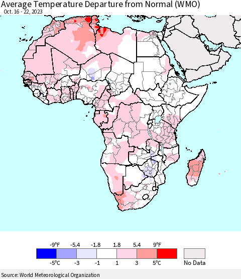 Africa Average Temperature Departure from Normal (WMO) Thematic Map For 10/16/2023 - 10/22/2023