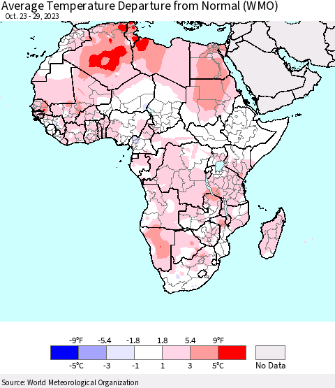 Africa Average Temperature Departure from Normal (WMO) Thematic Map For 10/23/2023 - 10/29/2023