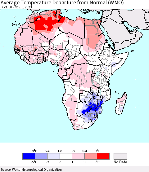 Africa Average Temperature Departure from Normal (WMO) Thematic Map For 10/30/2023 - 11/5/2023