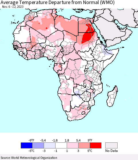 Africa Average Temperature Departure from Normal (WMO) Thematic Map For 11/6/2023 - 11/12/2023
