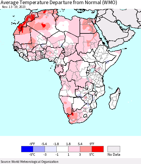 Africa Average Temperature Departure from Normal (WMO) Thematic Map For 11/13/2023 - 11/19/2023
