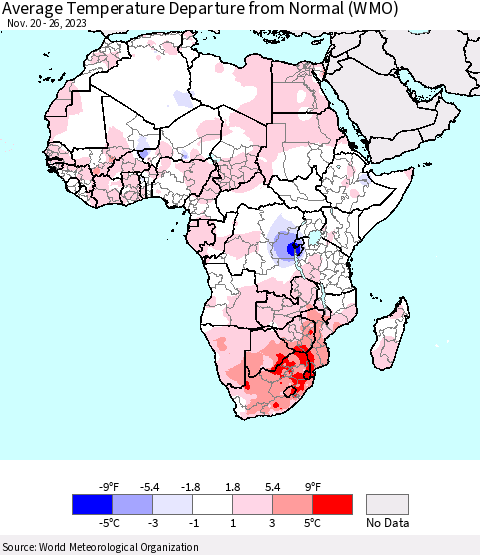 Africa Average Temperature Departure from Normal (WMO) Thematic Map For 11/20/2023 - 11/26/2023