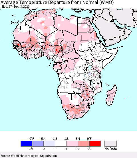 Africa Average Temperature Departure from Normal (WMO) Thematic Map For 11/27/2023 - 12/3/2023
