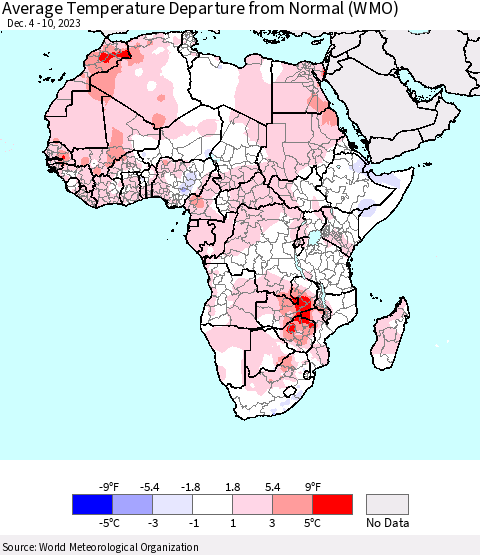 Africa Average Temperature Departure from Normal (WMO) Thematic Map For 12/4/2023 - 12/10/2023