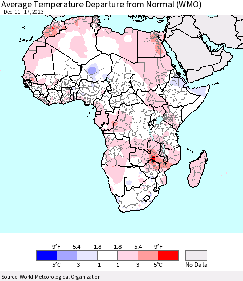 Africa Average Temperature Departure from Normal (WMO) Thematic Map For 12/11/2023 - 12/17/2023