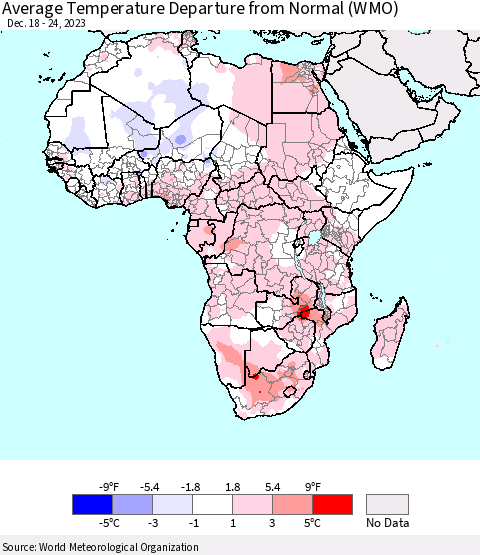 Africa Average Temperature Departure from Normal (WMO) Thematic Map For 12/18/2023 - 12/24/2023
