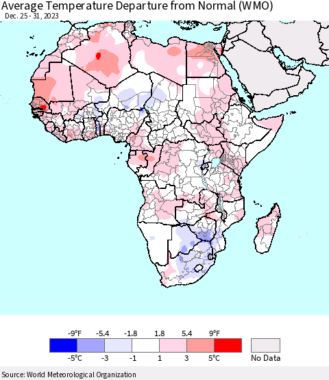 Africa Average Temperature Departure from Normal (WMO) Thematic Map For 12/25/2023 - 12/31/2023