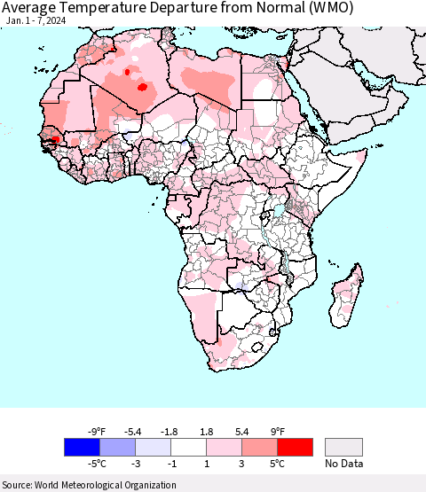 Africa Average Temperature Departure from Normal (WMO) Thematic Map For 1/1/2024 - 1/7/2024