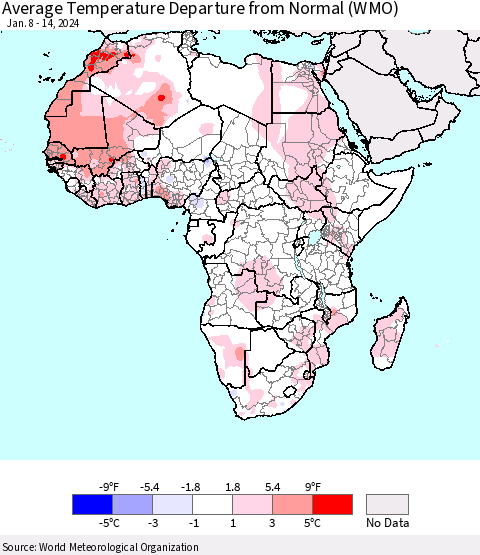 Africa Average Temperature Departure from Normal (WMO) Thematic Map For 1/8/2024 - 1/14/2024