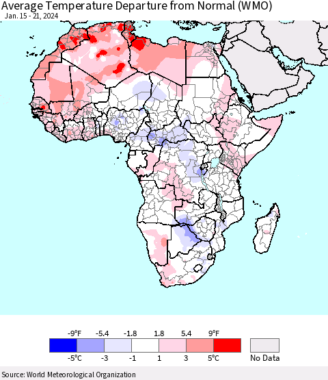 Africa Average Temperature Departure from Normal (WMO) Thematic Map For 1/15/2024 - 1/21/2024
